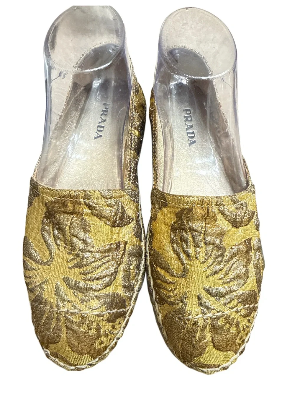 PRADA GOLD BROCADE FABRIC ESPADRILLE FLATS